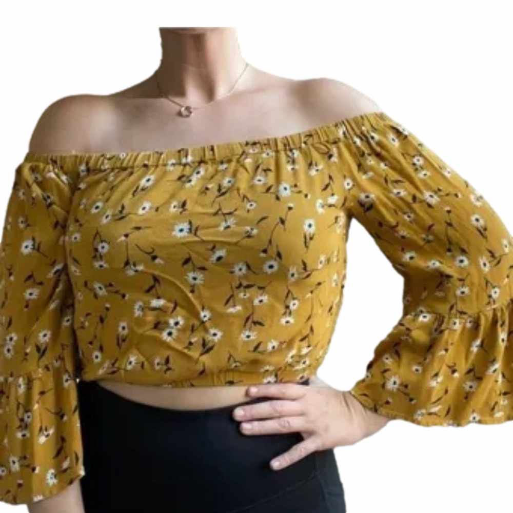 Bleuh Ciel Floral Mustard Crop Top Size Small